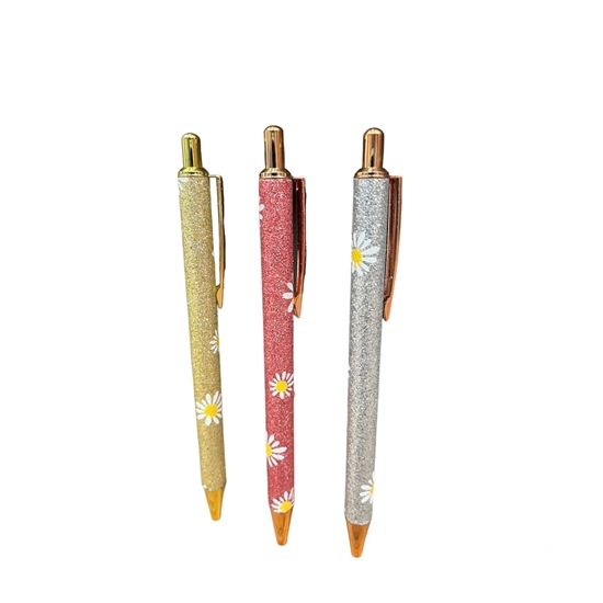Imagen de Boligrafo fantasia metal retractil con brillo margaritas