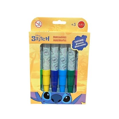 Imagen de Marcador aerografo stitch 6 unidades + stencils royal