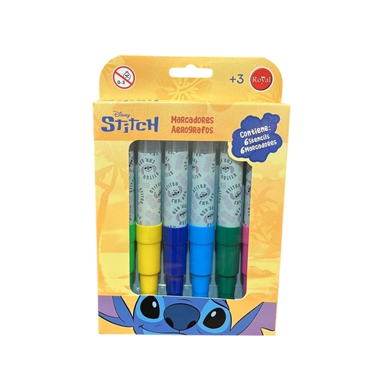 Imagen de Marcador aerografo stitch 6 unidades + stencils royal